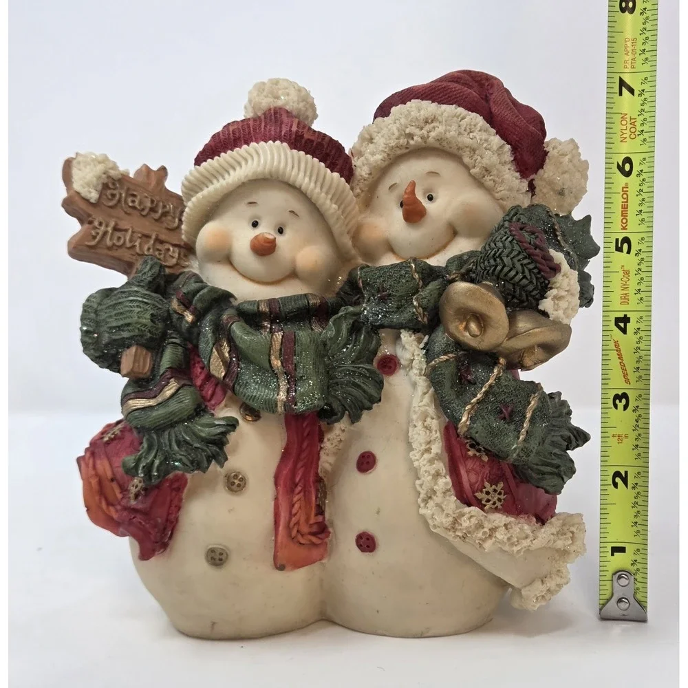 Resin Snowmen Duo Figurine Happy Holiday Sign Bells Christmas Decor 7